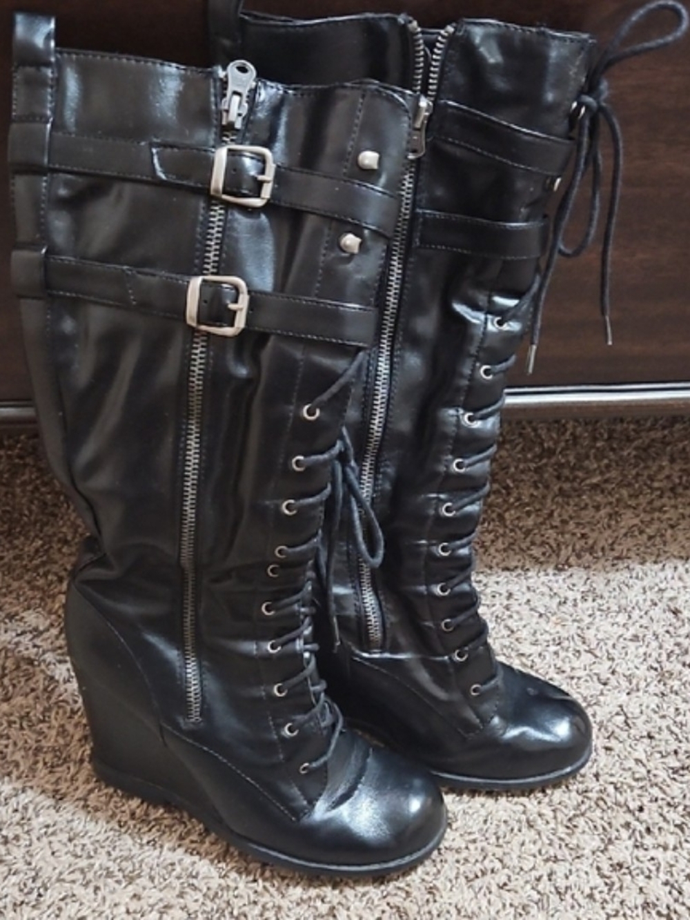 Women's Black Lace-Up Wedge Boots with Buckle Detail